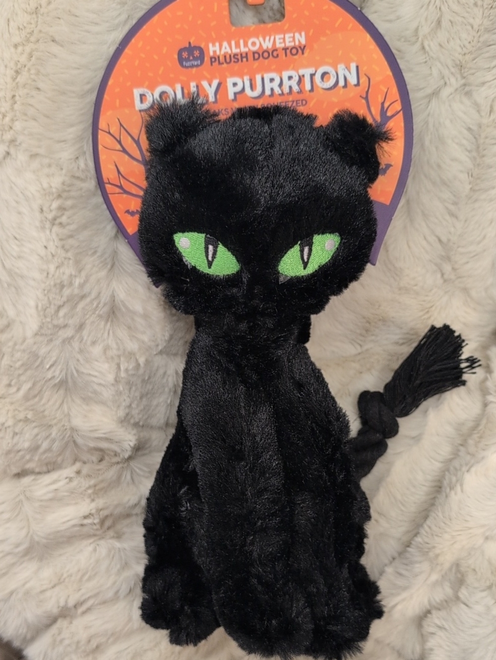 “DOLLY PURRTON” Black Plush Cat Dog Squeaker Toy - Halloween Plush
